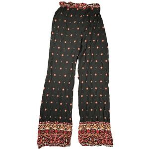 Yada Wide Leg Pants Boho Smocked Waist Geometric Border Print Black Red